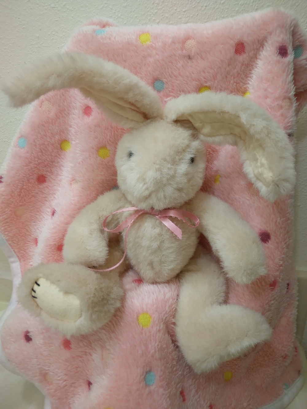 Vintage Plush Bunny in Cream with Pink Ribbon For Crafting and Decor